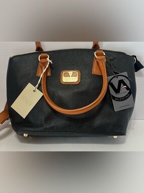 Valentina Black Leather Satchel Purse with Tan Handles